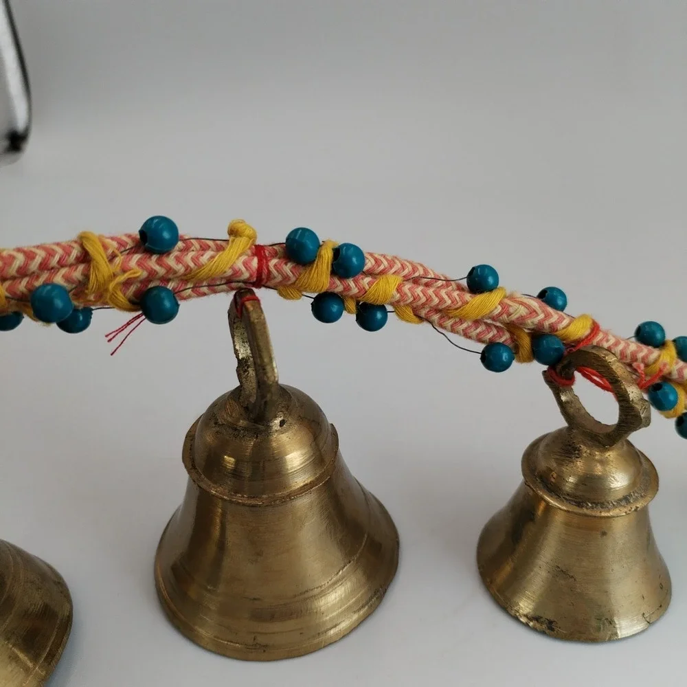 Vintage‎ India Brass Bells on Rope String of 3 Beaded Door Hanger Boho Chime Vtg